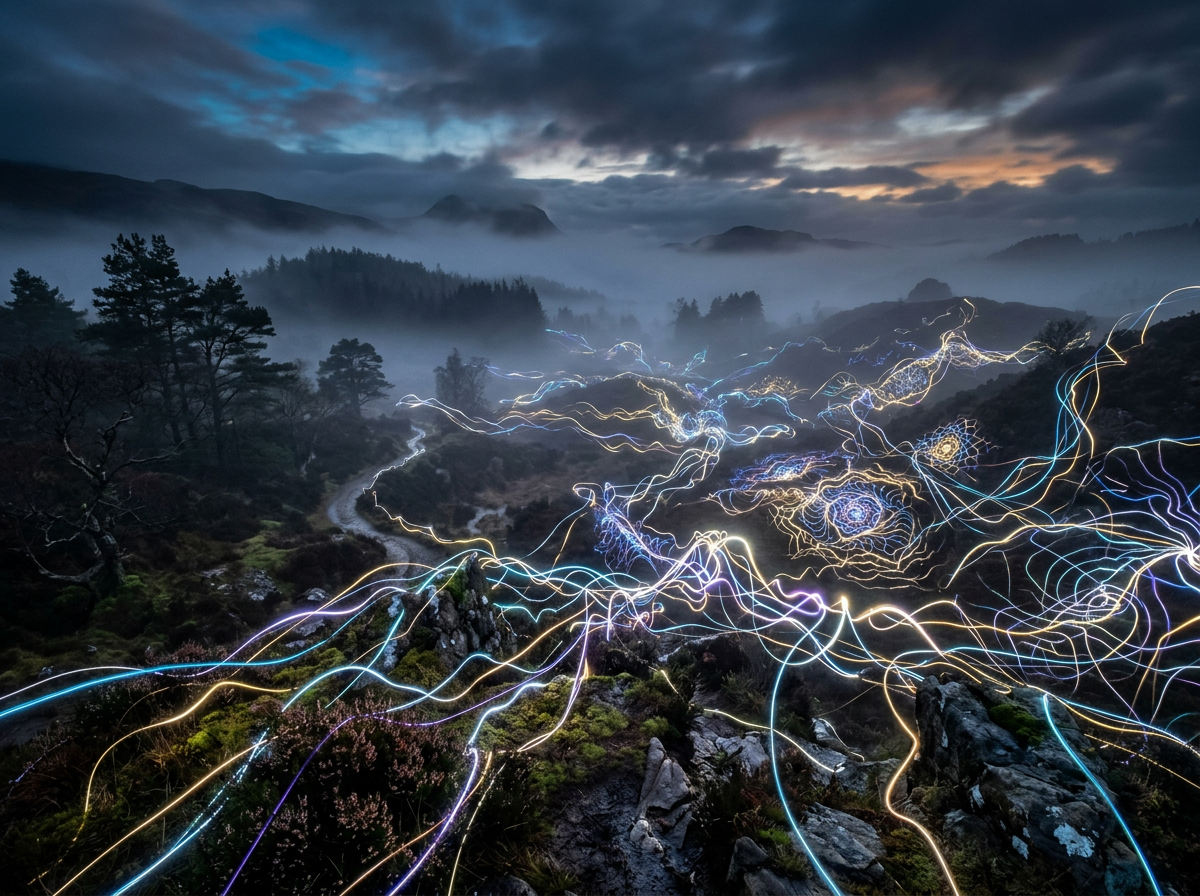 Foggy mountainous landscape with colorful swirling light trails over rocks and vegetation