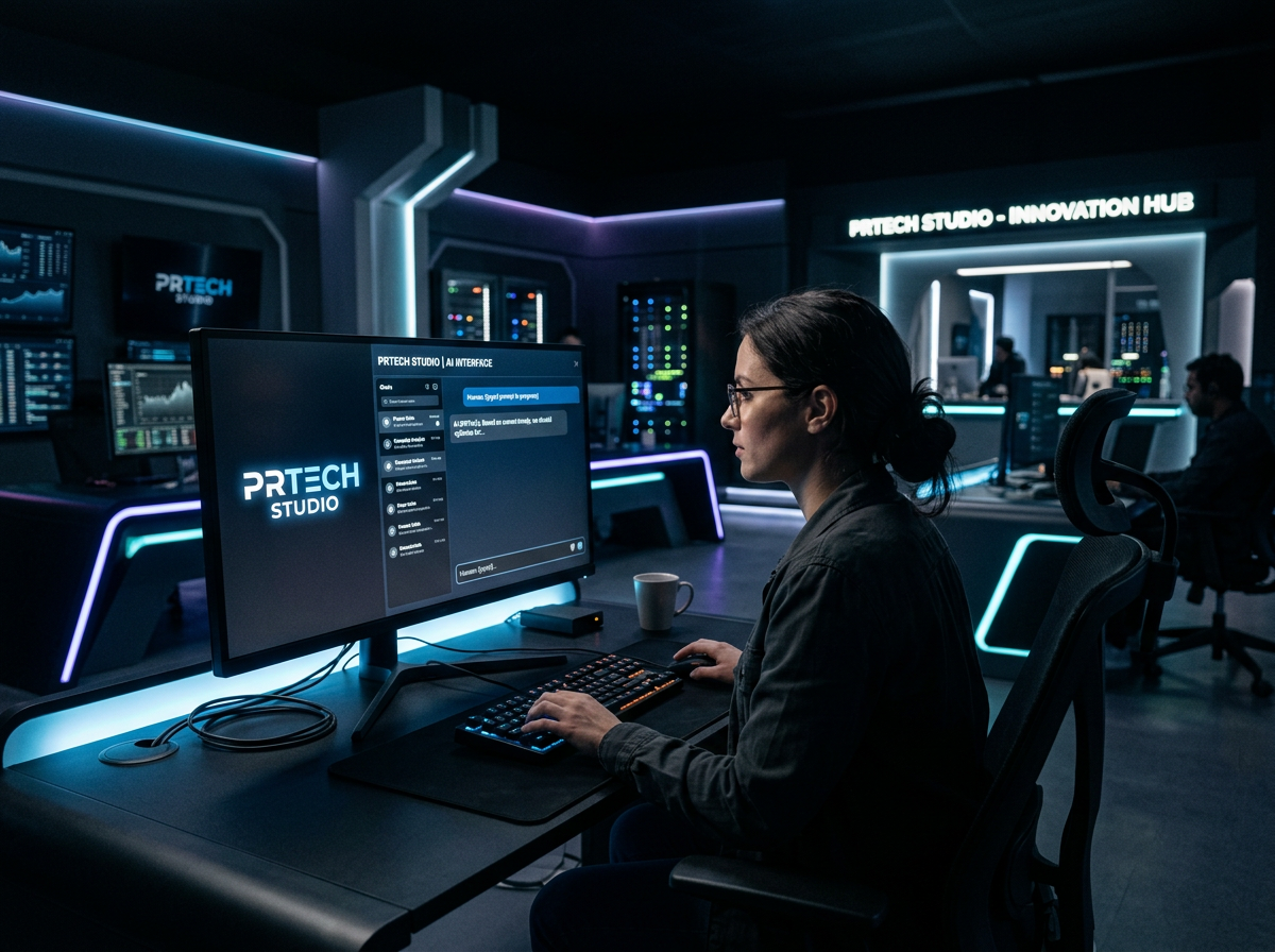 Woman using AI interface on computer in PRTECH Studio innovation hub